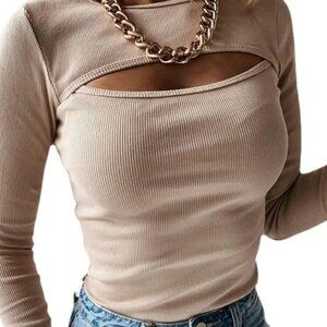 long sleeve ribbed top cut hollow out chest design stretch beige apricot crew